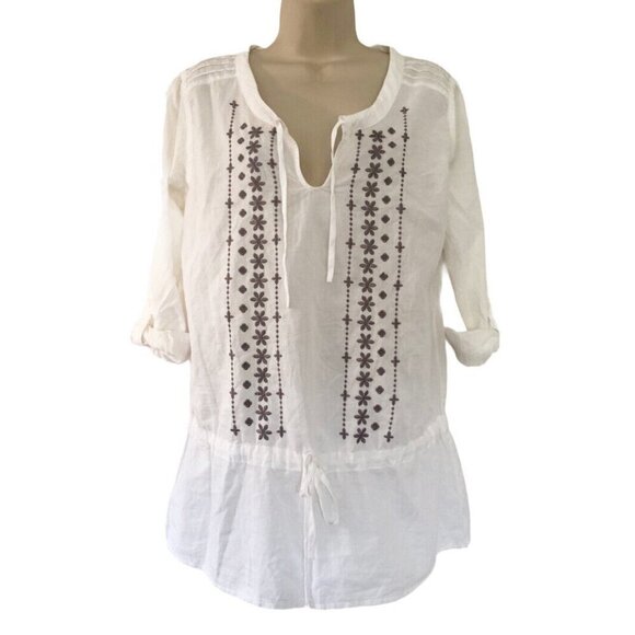 Prana White Embroidered Drawstring Waist Lightweight Tunic Top Sz Small - Picture 1 of 7